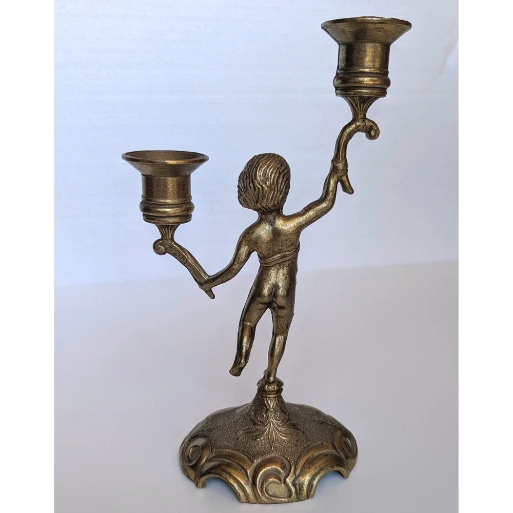 Solid Brass Cherub Candelabra Double Taper Candle Holder Putti Figure VTG